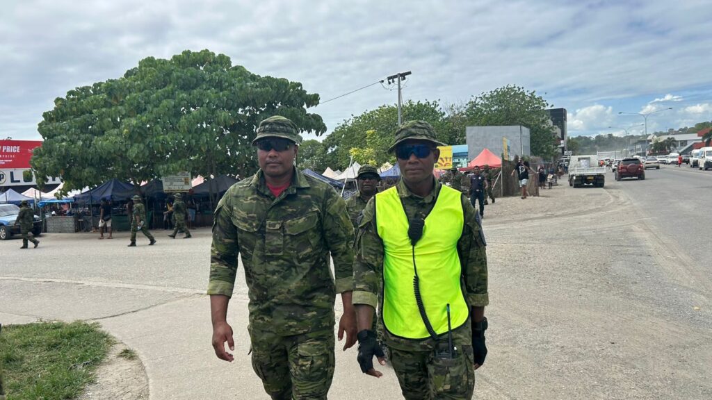 Police conduct a route march as part of preparation for the PIFL meeting in Honiara